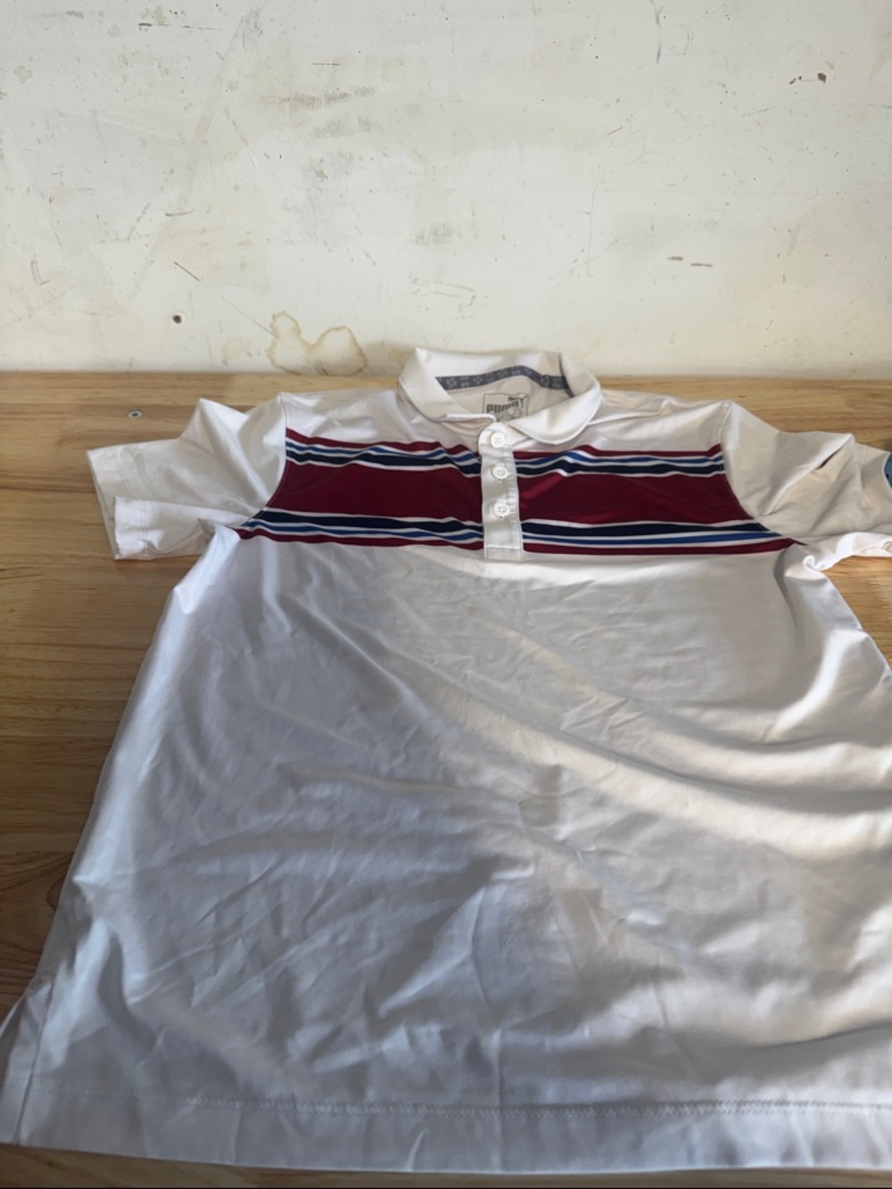 Puma White Polo with Red, Navy & Light Blue Stripes